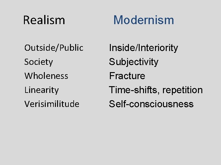 Realism Outside/Public Society Wholeness Linearity Verisimilitude Modernism Inside/Interiority Subjectivity Fracture Time-shifts, repetition Self-consciousness 