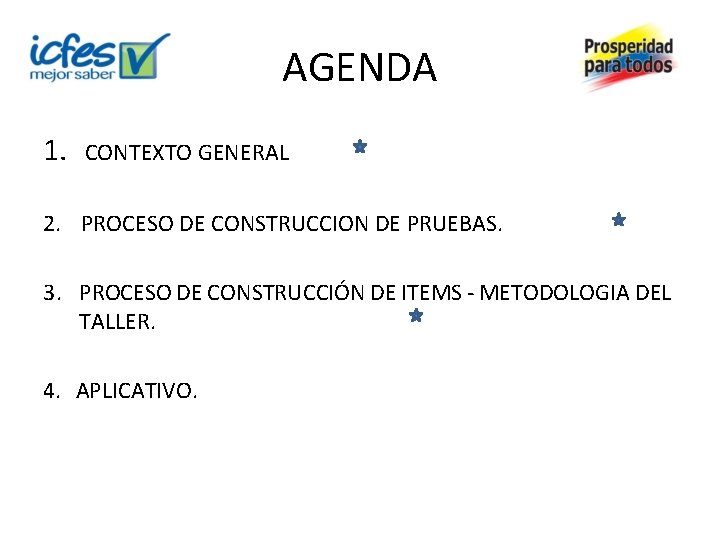 AGENDA 1. CONTEXTO GENERAL 2. PROCESO DE CONSTRUCCION DE PRUEBAS. 3. PROCESO DE CONSTRUCCIÓN