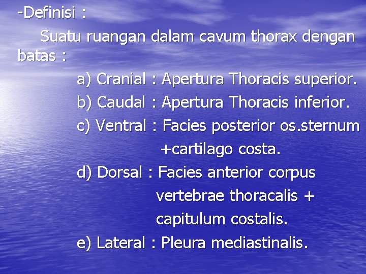 -Definisi : Suatu ruangan dalam cavum thorax dengan batas : a) Cranial : Apertura