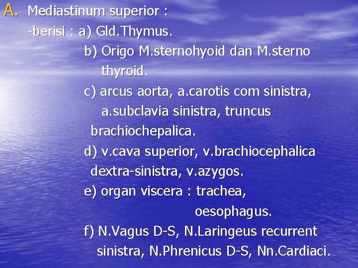 A. Mediastinum superior : -berisi : a) Gld. Thymus. b) Origo M. sternohyoid dan