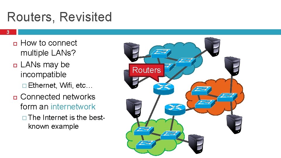 Routers, Revisited 3 How to connect multiple LANs? LANs may be incompatible � Ethernet,