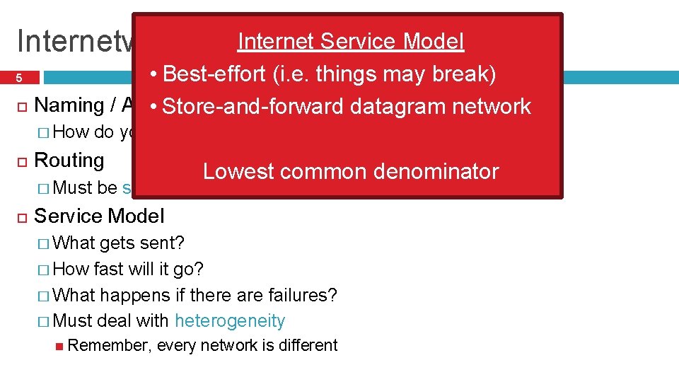 Internetworking Internet Issues. Service Model • Best-effort (i. e. things may break) Naming /