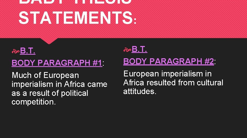 BABY THESIS STATEMENTS: B. T. BODY PARAGRAPH #1: Much of European imperialism in Africa