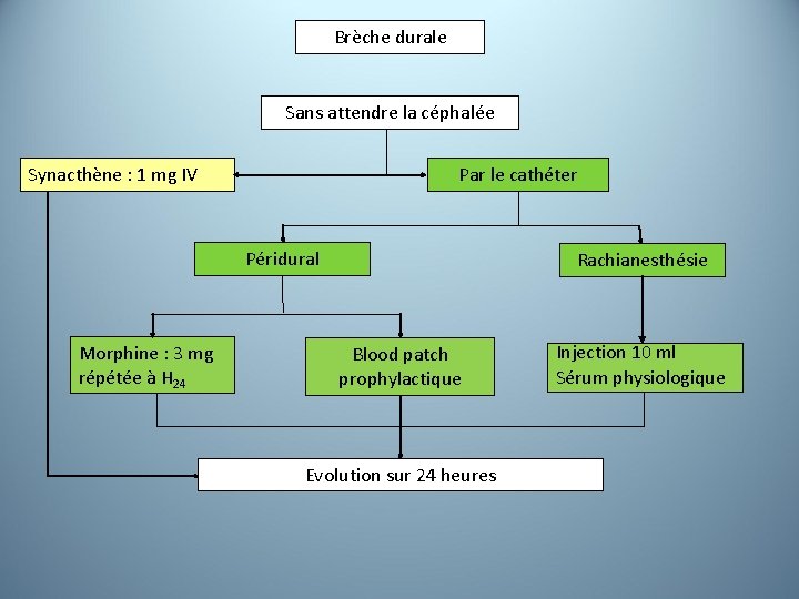 Brèche durale Sans attendre la céphalée Synacthène : 1 mg IV Par le cathéter