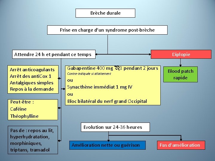 Brèche durale Prise en charge d’un syndrome post-brèche Attendre 24 h et pendant ce