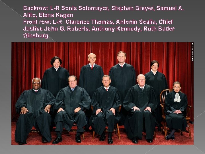 Backrow: L-R Sonia Sotomayor, Stephen Breyer, Samuel A. Alito, Elena Kagan Front row: L-R