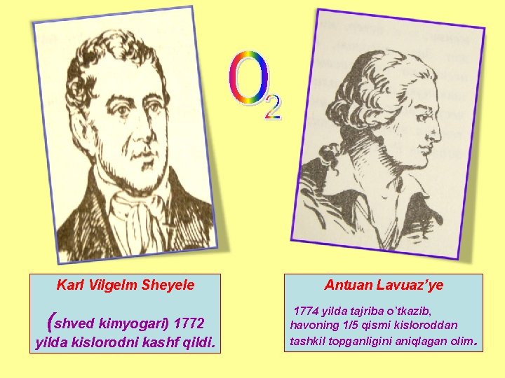 Karl Vilgelm Sheyele Antuan Lavuaz’ye (shved kimyogari) 1772 1774 yilda tajriba o’tkazib, havoning 1/5