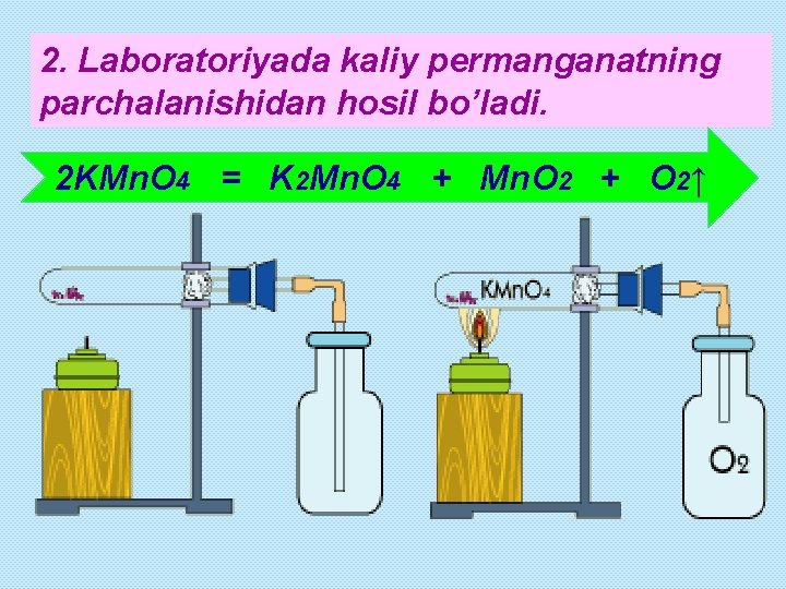 2. Laboratoriyada kaliy permanganatning parchalanishidan hosil bo’ladi. 2 KMn. O 4 = K 2