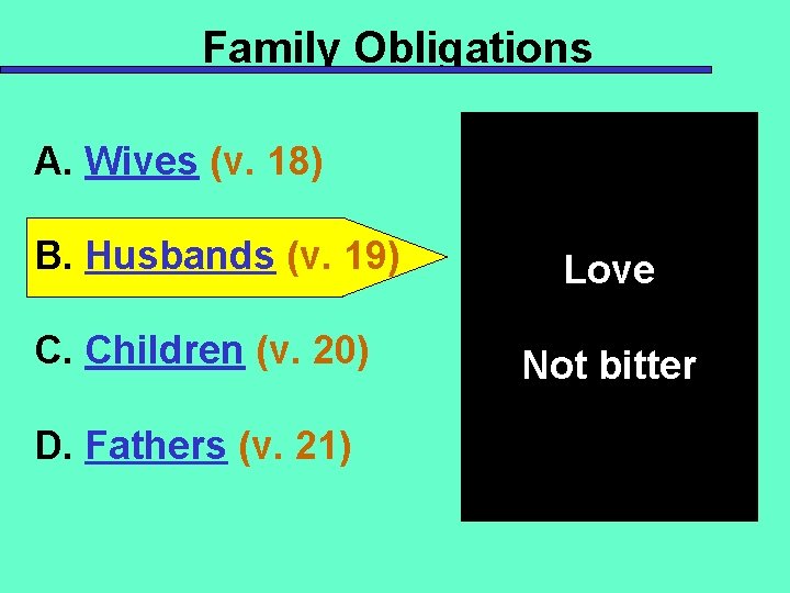Family Obligations A. Wives (v. 18) B. Husbands (v. 19) C. Children (v. 20)