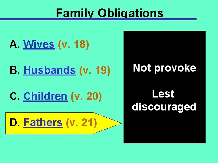 Family Obligations A. Wives (v. 18) B. Husbands (v. 19) Not provoke C. Children