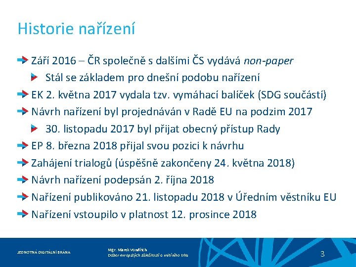 Historie nařízení Září 2016 – ČR společně s dalšími ČS vydává non-paper Stál se