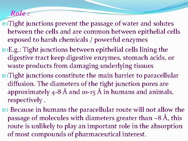  Role : Tight junctions prevent the passage of water and solutes between the