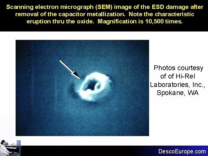 Scanning electron micrograph (SEM) image of the ESD damage after removal of the capacitor