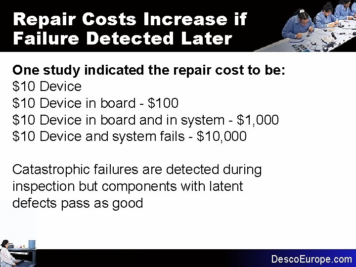 Repair Costs Increase if Failure Detected Later One study indicated the repair cost to