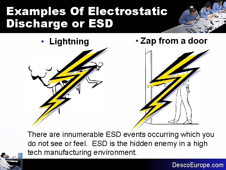 Examples Of Electrostatic Discharge or ESD • Lightning • Zap from a door There