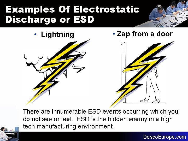 Examples Of Electrostatic Discharge or ESD • Lightning • Zap from a door There Examples Of Electrostatic Discharge or ESD • Lightning • Zap from a door There