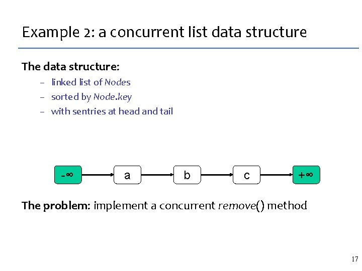 Example 2: a concurrent list data structure The data structure: – linked list of