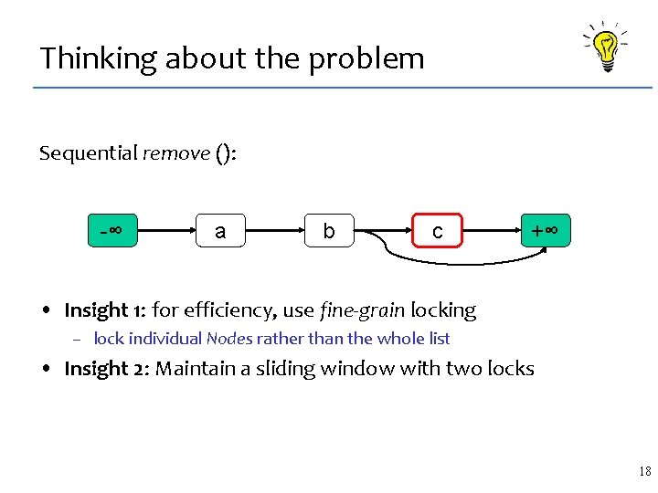 Thinking about the problem Sequential remove (): -∞ a b c +∞ • Insight