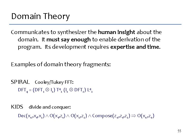 Domain Theory Communicates to synthesizer the human insight about the domain. It must say