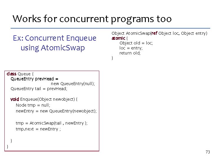 Works for concurrent programs too Ex: Concurrent Enqueue using Atomic. Swap Object Atomic. Swap(ref