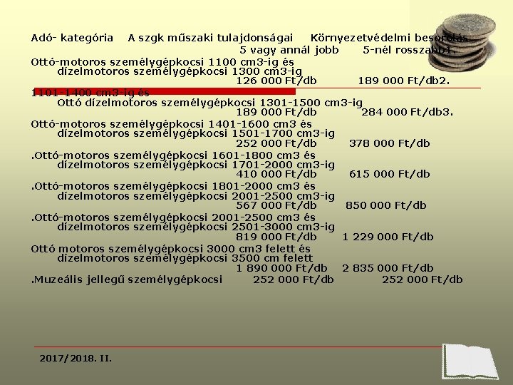 Adó- kategória A szgk műszaki tulajdonságai Környezetvédelmi besorolás 5 vagy annál jobb 5 -nél