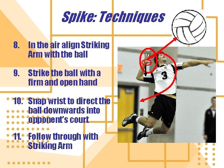 Spike: Techniques 8. In the air align Striking Arm with the ball 9. Strike