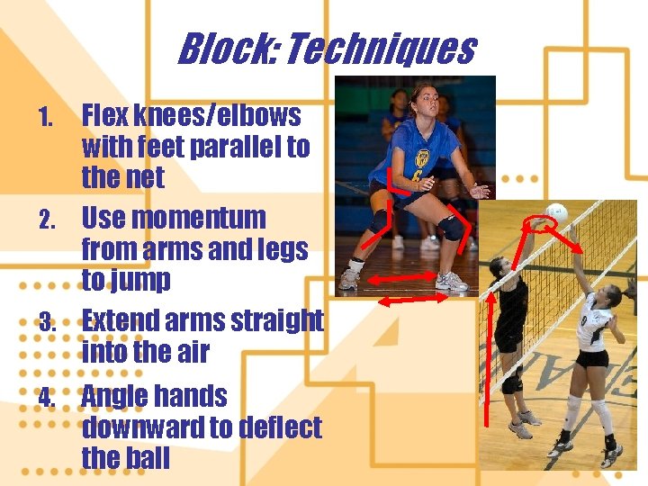 Block: Techniques Flex knees/elbows with feet parallel to the net 2. Use momentum from Block: Techniques Flex knees/elbows with feet parallel to the net 2. Use momentum from
