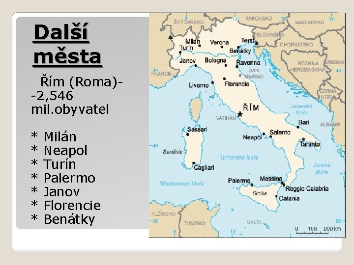 Další města Řím (Roma)-2, 546 mil. obyvatel * Milán * Neapol * Turín *