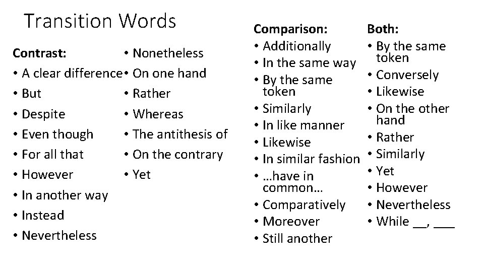 Transition Words • Nonetheless Contrast: • A clear difference • On one hand • Transition Words • Nonetheless Contrast: • A clear difference • On one hand •