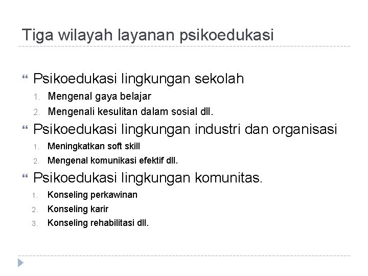 Tiga wilayah layanan psikoedukasi Psikoedukasi lingkungan sekolah 1. Mengenal gaya belajar 2. Mengenali kesulitan