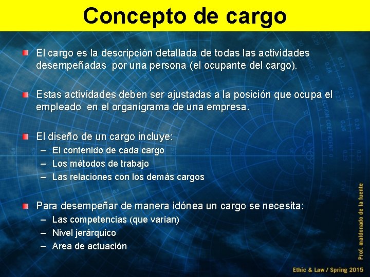 Concepto de cargo El cargo es la descripción detallada de todas las actividades desempeñadas