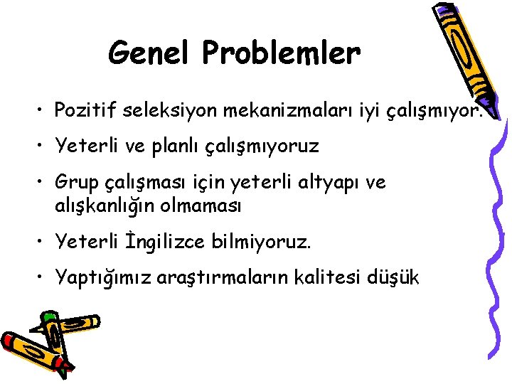 Genel Problemler • Pozitif seleksiyon mekanizmaları iyi çalışmıyor. • Yeterli ve planlı çalışmıyoruz •