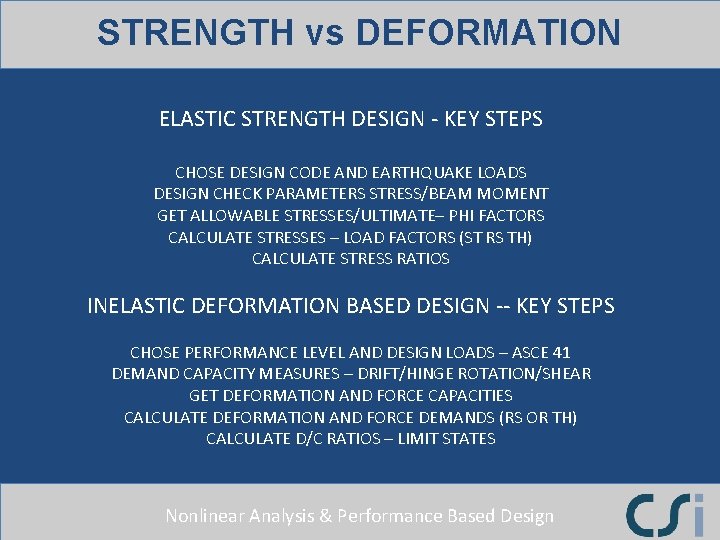 STRENGTH vs DEFORMATION ELASTIC STRENGTH DESIGN - KEY STEPS CHOSE DESIGN CODE AND EARTHQUAKE STRENGTH vs DEFORMATION ELASTIC STRENGTH DESIGN - KEY STEPS CHOSE DESIGN CODE AND EARTHQUAKE