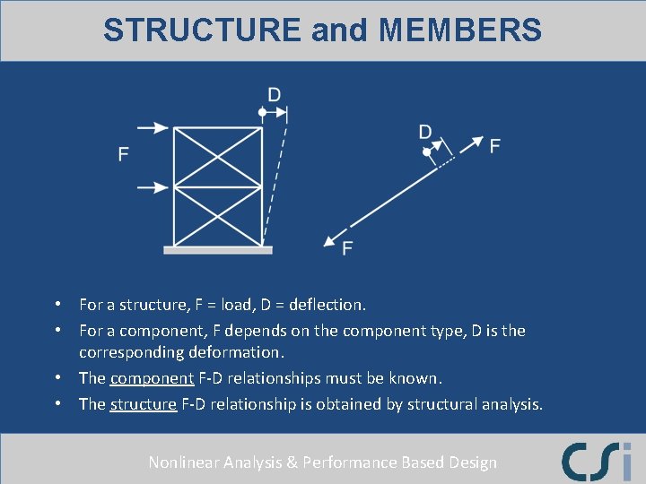 STRUCTURE and MEMBERS • For a structure, F = load, D = deflection. •