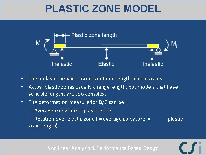 PLASTIC ZONE MODEL • The inelastic behavior occurs in finite length plastic zones. • PLASTIC ZONE MODEL • The inelastic behavior occurs in finite length plastic zones. •