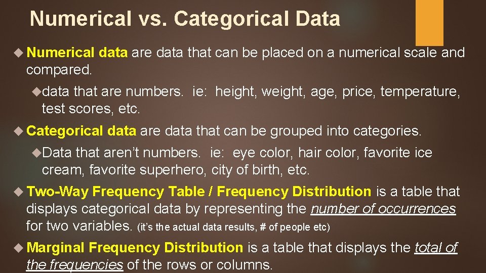 Numerical vs. Categorical Data Numerical data are data that can be placed on a