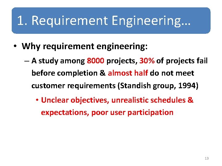 1. Requirement Engineering… • Why requirement engineering: – A study among 8000 projects, 30%