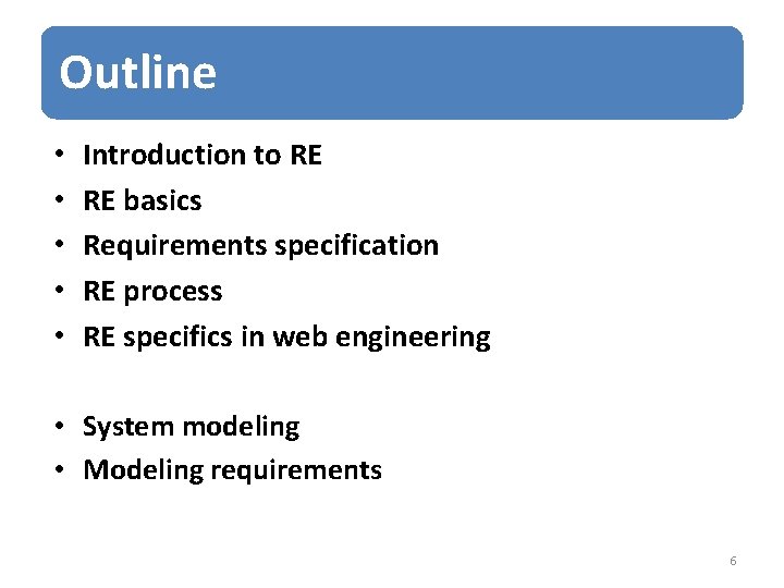 Outline • • • Introduction to RE RE basics Requirements specification RE process RE