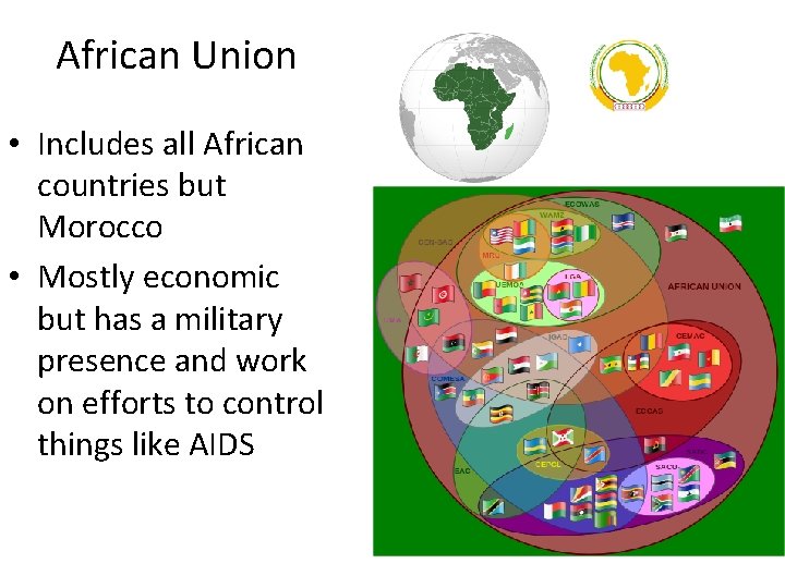 African Union • Includes all African countries but Morocco • Mostly economic but has