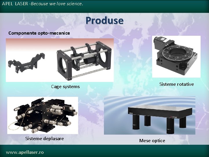 APEL LASER -Because we love science. Produse Componente opto-mecanice Cage systems Sisteme deplasare www.
