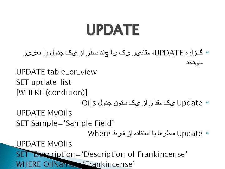 UPDATE ﻣﻘﺎﺩیﺮ یک یﺎ چﻨﺪ ﺳﻄﺮ ﺍﺯ یک ﺟﺪﻭﻝ ﺭﺍ ﺗﻐییﺮ ،UPDATE گﺰﺍﺭﻩ ﻣیﺪﻫﺪ