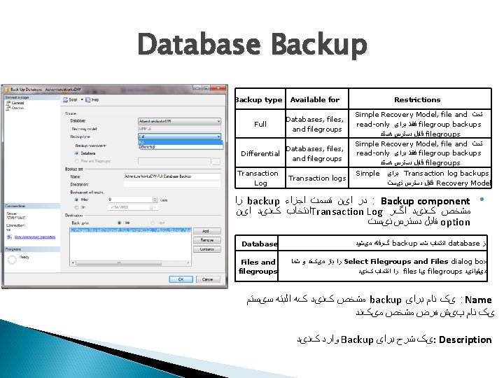 Database Backup type Available for Full Databases, files, and filegroups Differential Databases, files, and