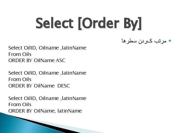 Select [Order By] Select Oil. ID, Oilname , latin. Name From Oils ORDER BY