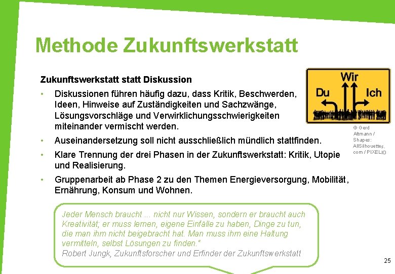 Methode Zukunftswerkstatt Diskussion • Diskussionen führen häufig dazu, dass Kritik, Beschwerden, Ideen, Hinweise auf