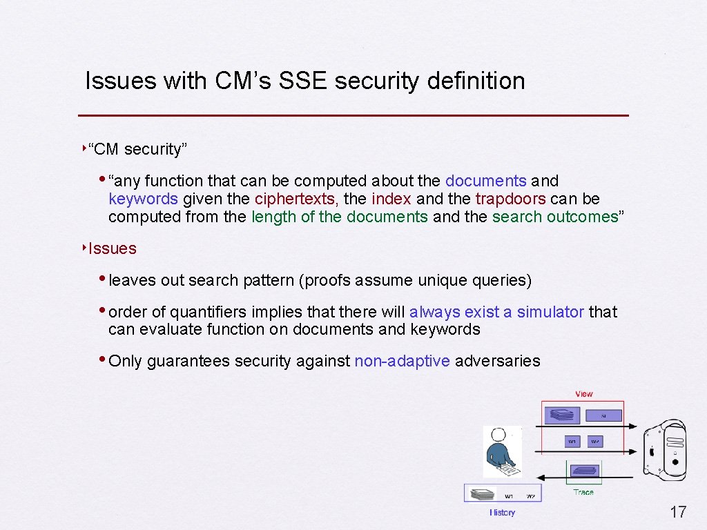 Issues with CM’s SSE security definition ‣“CM security” • “any function that can be