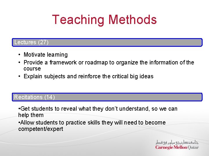 Teaching Methods Lectures (27) • Motivate learning • Provide a framework or roadmap to