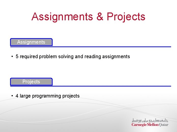 Assignments & Projects Assignments • 5 required problem solving and reading assignments Projects •