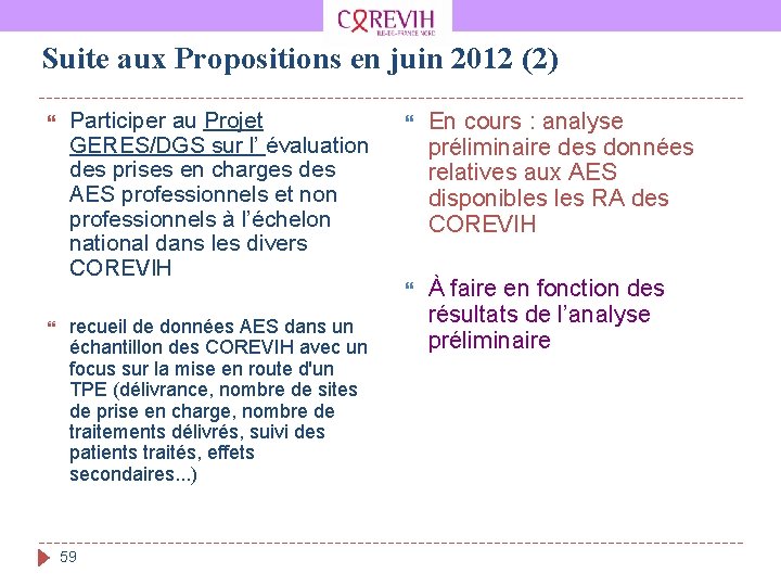 Suite aux Propositions en juin 2012 (2) Participer au Projet GERES/DGS sur l’ évaluation