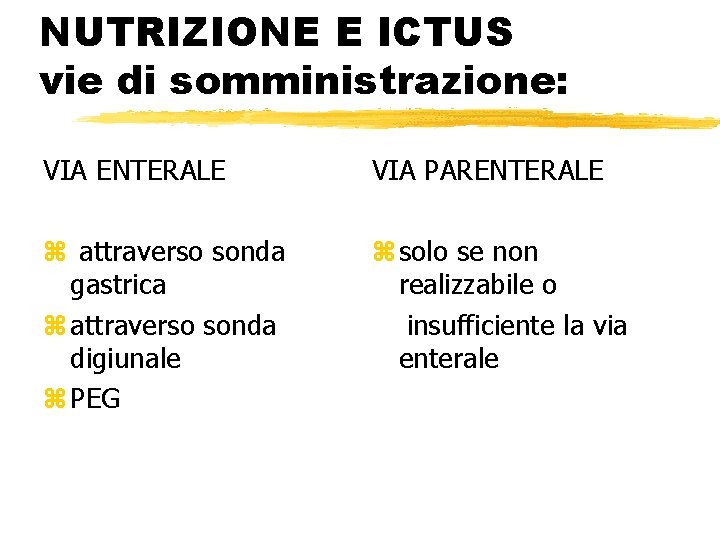 NUTRIZIONE E ICTUS vie di somministrazione: VIA ENTERALE VIA PARENTERALE z attraverso sonda gastrica