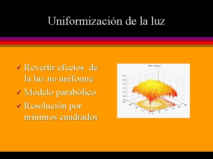 Uniformización de la luz Revertir efectos de la luz no uniforme ü Modelo parabólico